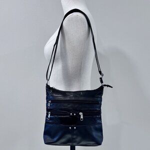 Stone Mountain Black Patch Leather Crossbody Bag Adjustable Strap Zipper Pockets